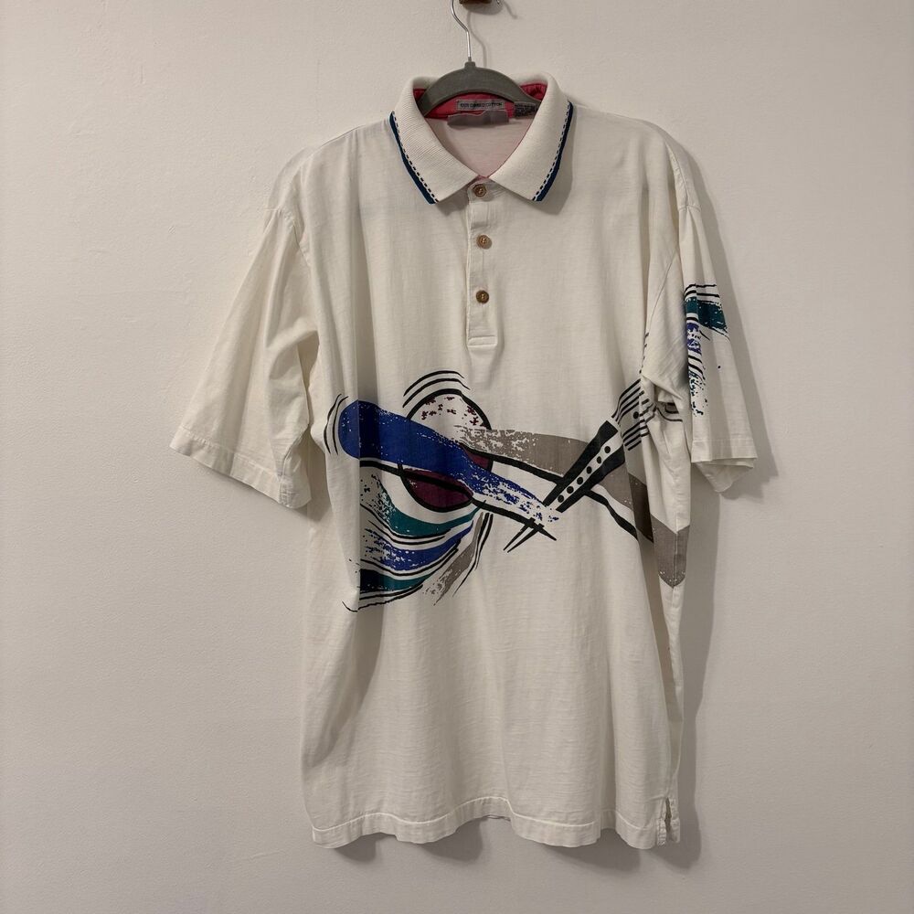 Vintage Private Club Geometric Design White Polo Shirt Sz XL Distressed